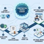 A detailed digital illustration showing a complete 6-step roadmap for becoming a penetration tester, featuring interconnected icons of servers, code, certifications, and laptops.