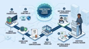 A detailed digital illustration showing a complete 6-step roadmap for becoming a penetration tester, featuring interconnected icons of servers, code, certifications, and laptops.