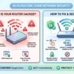 A clean, two-panel infographic illustrating signs of a hacked router (left side, red theme with broken signal) and methods to fix and secure it (right side, green theme with a protected signal).