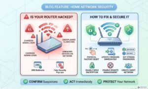 A clean, two-panel infographic illustrating signs of a hacked router (left side, red theme with broken signal) and methods to fix and secure it (right side, green theme with a protected signal).