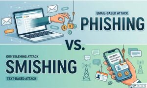 A split illustration comparing a phishing attack via a laptop and email to a smishing attack via a smartphone and text message, separated by a large "VS." in the center.