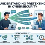 An infographic titled 'UNDERSTANDING PRETEXTING IN CYBERSECURITY' that visualizes how an attacker uses a fake identity, urgent story, and relationship building to manipulate a target, along with four prevention steps: Verify Independently, Train Employees, Implement Process Controls, and Beware of Urgency.