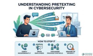 An infographic titled 'UNDERSTANDING PRETEXTING IN CYBERSECURITY' that visualizes how an attacker uses a fake identity, urgent story, and relationship building to manipulate a target, along with four prevention steps: Verify Independently, Train Employees, Implement Process Controls, and Beware of Urgency.