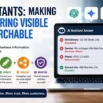 An infographic for a blog showing a woman receiving incorrect business details from an AI chatbot on the left, and a man using a five-step process to update and correct that information online on the right.